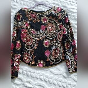 Scala Silk Embellished Sequin All Over Blouse Medium